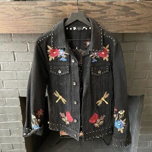 Zara Black Denim Jacket with Floral Embroidery